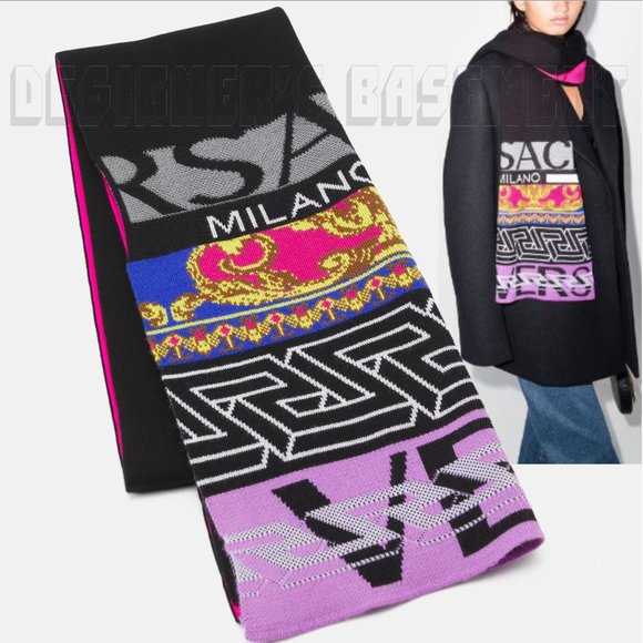 VERSACE Medusa Renaissance Greca Pattern Logo Intarsia wool blend knit scarf NWT - Picture 8 of 10